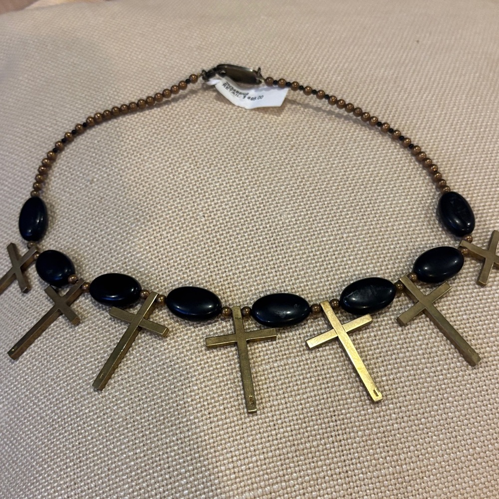 Gold-Tone Cross Necklace with Black Oval Stones